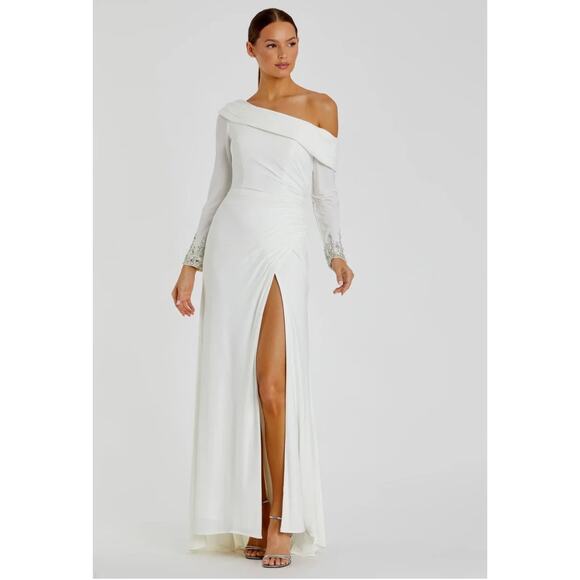 NEW Mac Duggal 12231 White Beaded Cuff Drop Shoulder Faux Wrap Gown size 6 - Picture 9 of 11